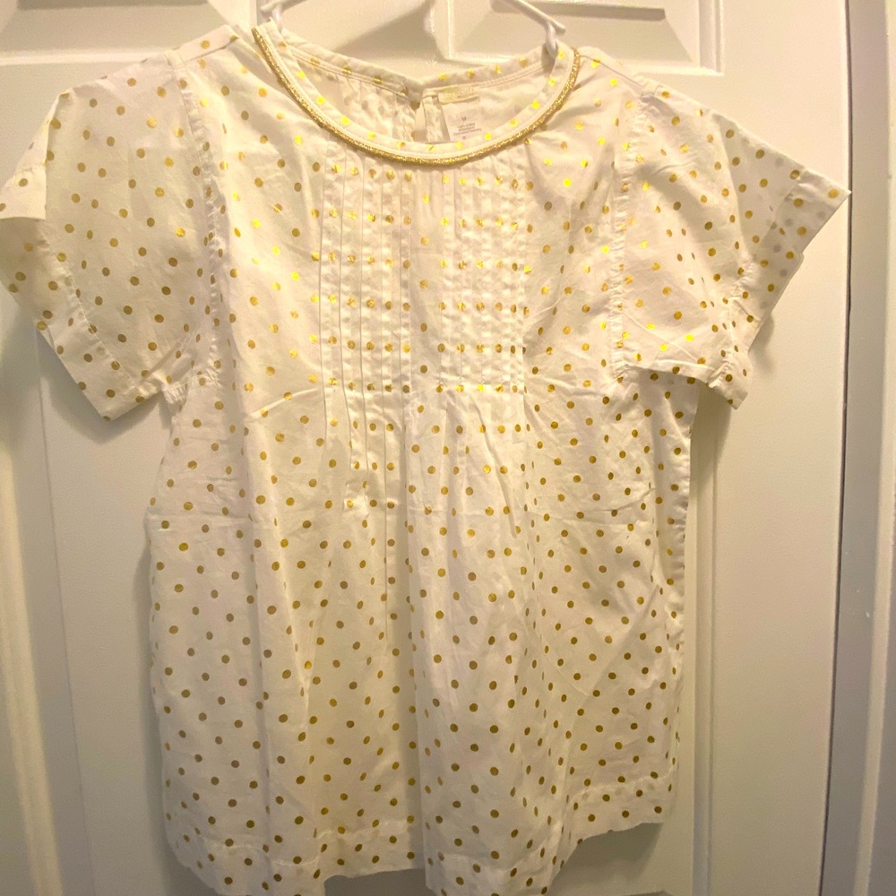 Crewcuts; J. Crew. Girls white top w/ gold dots 12